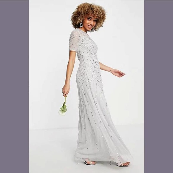 Frock and Frill Size 4 Bridesmaid Short Sleeve Maxi Gown Dress In Light Gray - Picture 2 of 12